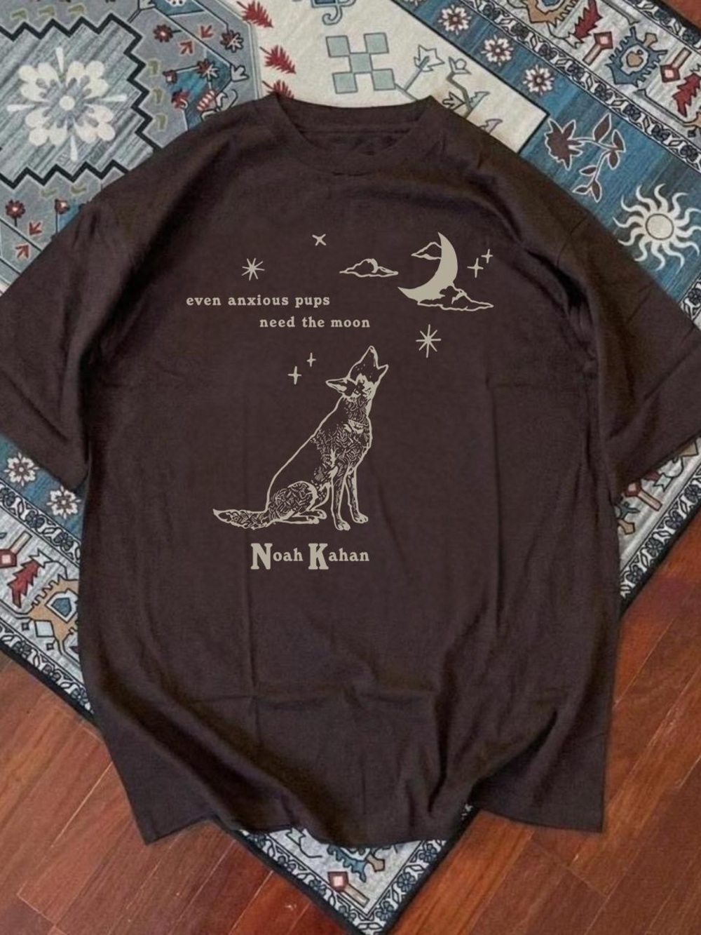 Gildan Brown Graphic Tee with Cream Dog & Moon Print